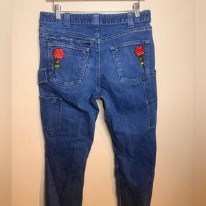REWORKED Denim Y2K Cargo Jeans Embroidered Rose Rhinestone Studs